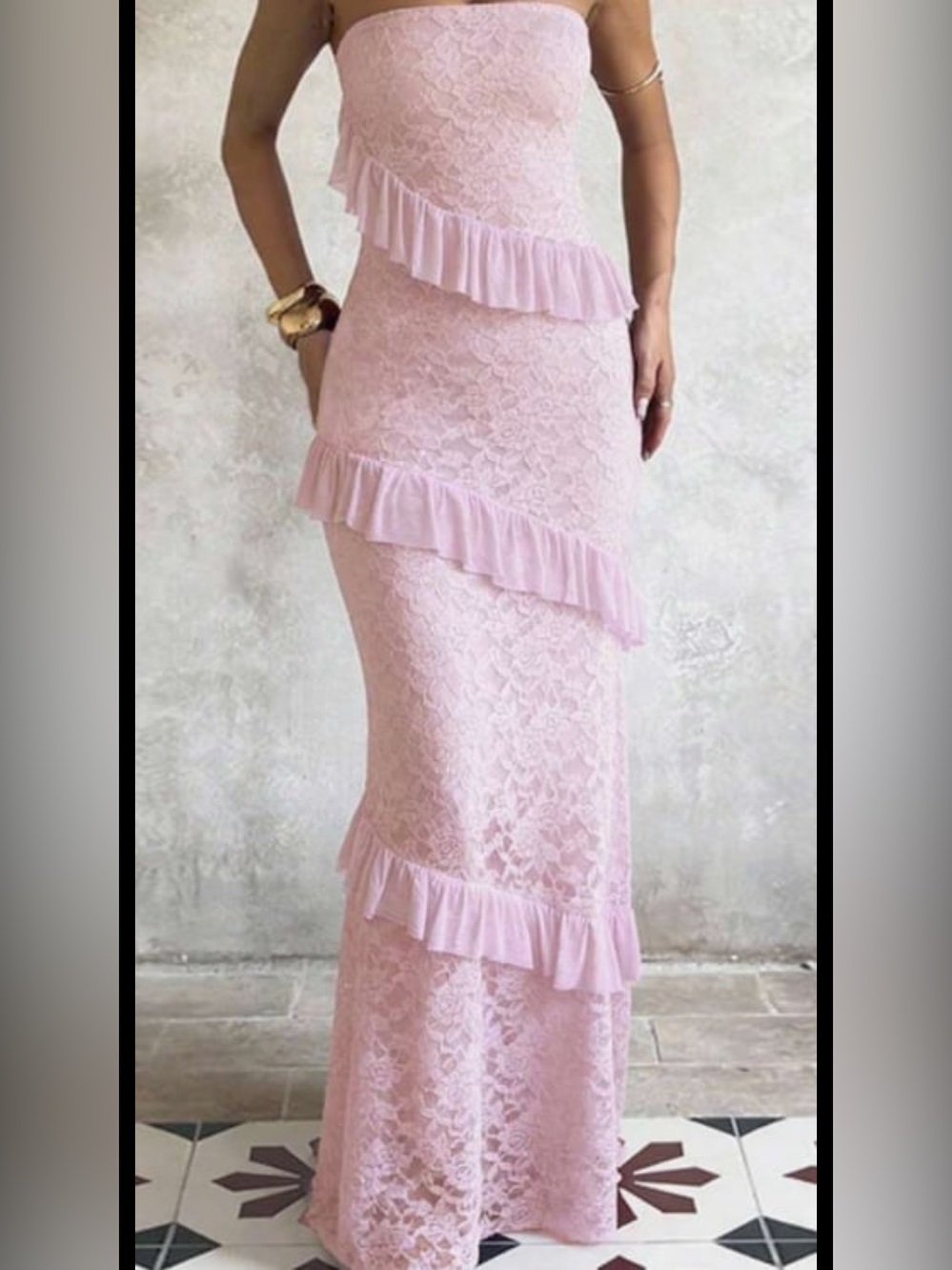 SHEIN Strapless Pink Lace Maxi Dress with Ruffle Detail